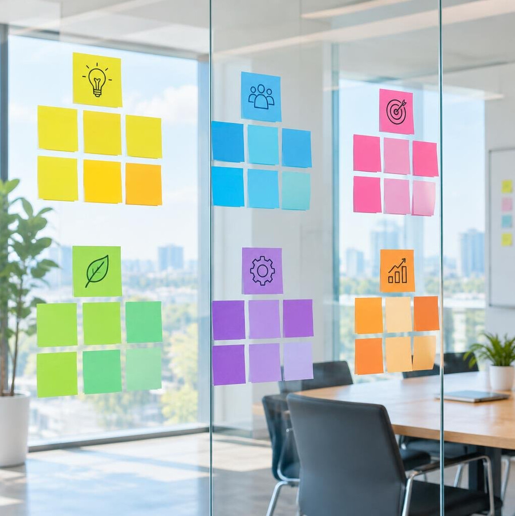 Colorful sticky notes on a glass wall in a meeting room