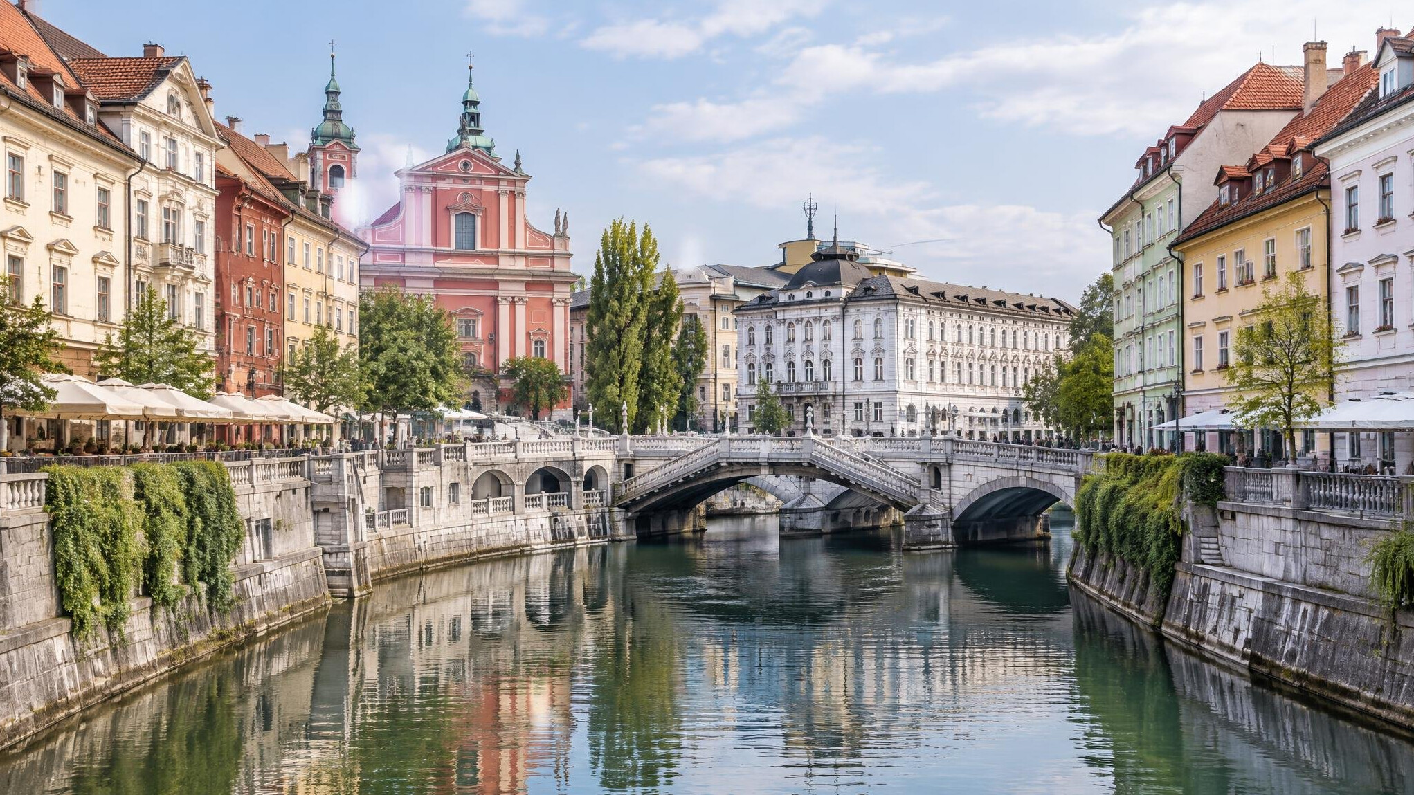 Ljubljana old town street with colorful buildings and river