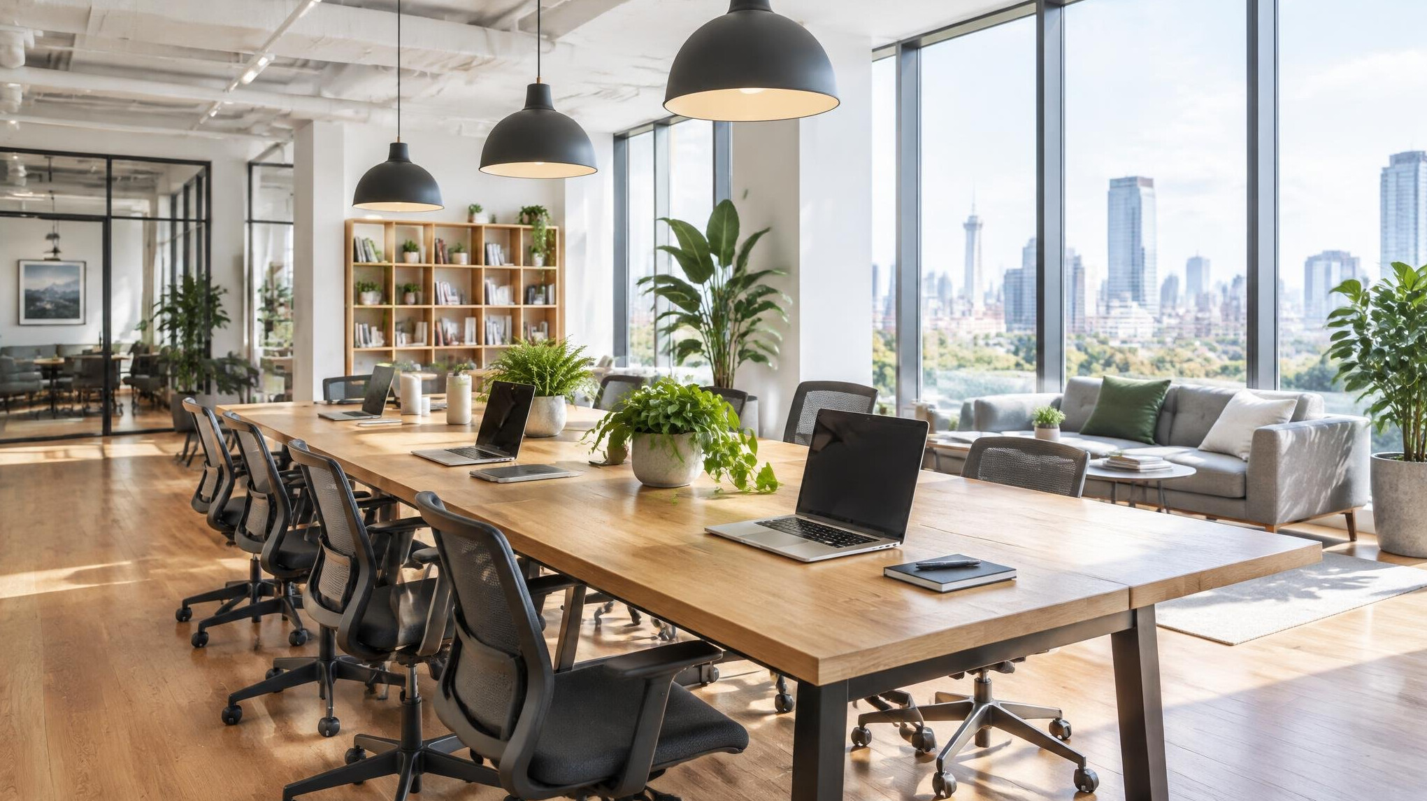 Bright modern open office with large windows and plants