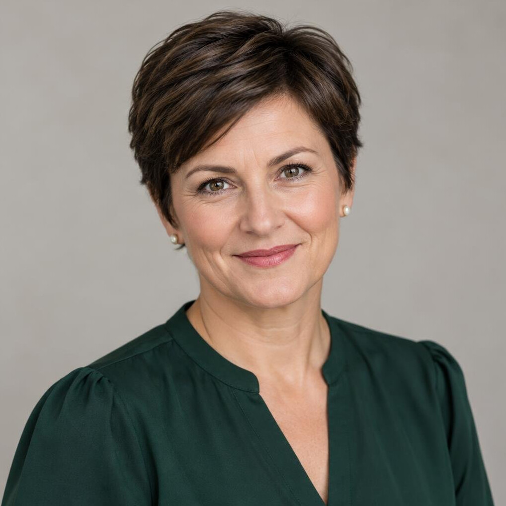 Portrait of a mature woman with short grey hair smiling